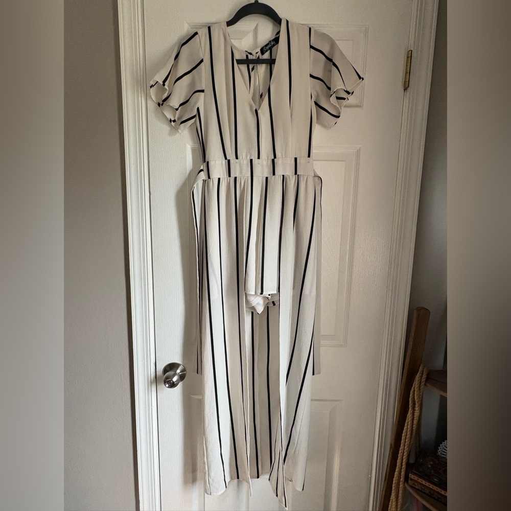Striped V-Neck Jumpsuit in White with Black Stripes